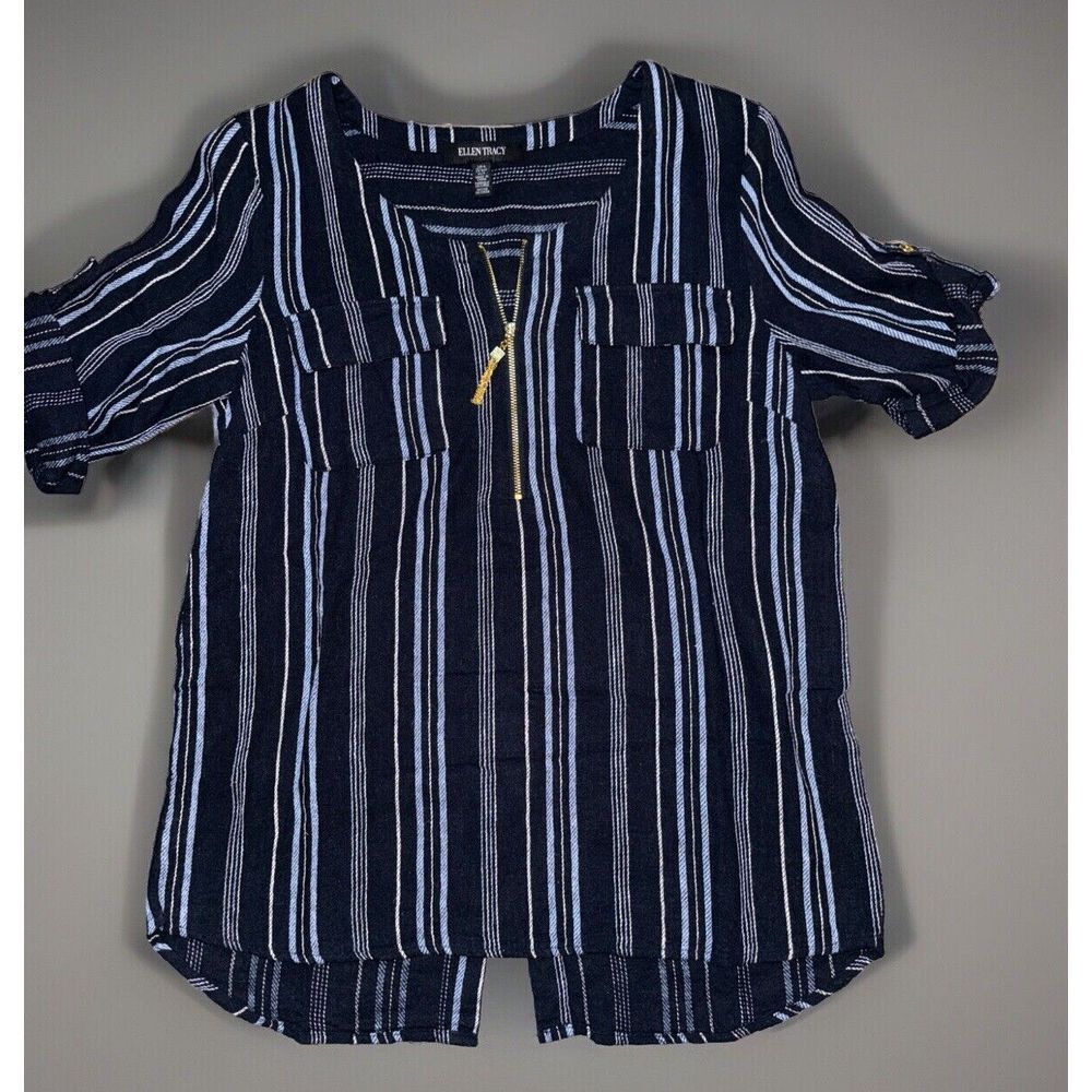 Ellen Tracy Top Shirt Womens Size Small‎ Blue Striped Linen Blend Gold Zipper